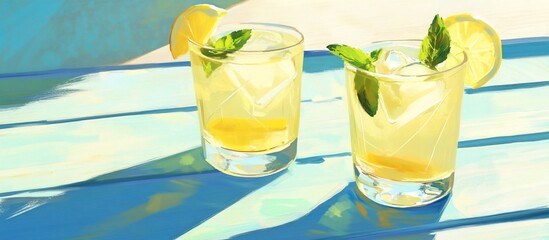 Poster - Two refreshing lemonade drinks with lemon and mint on a sunny summer day.