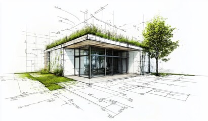 Poster - Eco-friendly modern house architectural design with green roof and blueprint overlay.