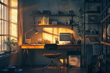 Poster - Sunlit workspace with desk, computer, shelves, and plants.