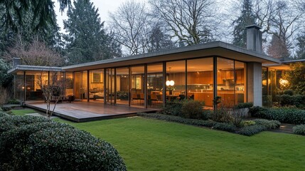 Aufkleber - Modern glass house with illuminated interior at dusk, showcasing spacious living areas and outdoor deck.