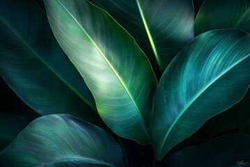 Aufkleber - Lush, vibrant green tropical leaves with subtle light and shadow detail, creating a moody, exotic feel.