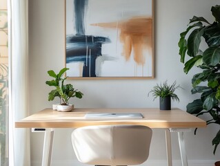 Poster - Minimalist home office desk with plants, artwork, and laptop.