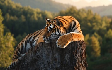 Poster - Majestic tiger resting on a tree stump at sunset, surrounded by lush green forest.