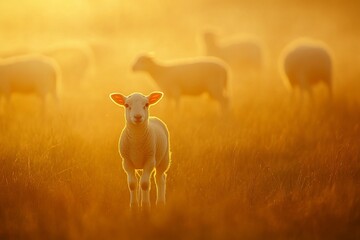 Poster - A single lamb stands in a sunlit field, other sheep are visible in the soft-focus background.