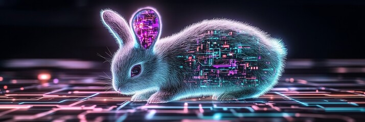 Aufkleber - Futuristic rabbit with glowing digital circuitry inside, sitting on a circuit board.