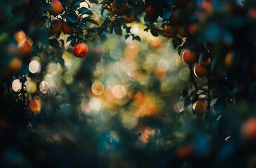 Poster - Lush orchard with ripe red apples hanging from branches, blurred background.