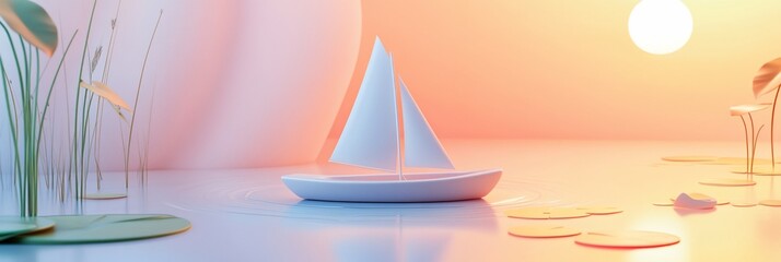 Poster - Minimalist 3D render of a sailboat on calm water at sunset, surrounded by stylized plants.