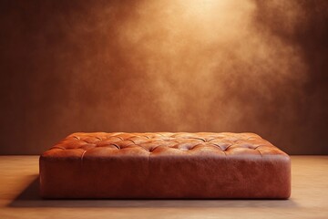 Aufkleber - Brown leather ottoman on wooden floor against a textured brown wall.