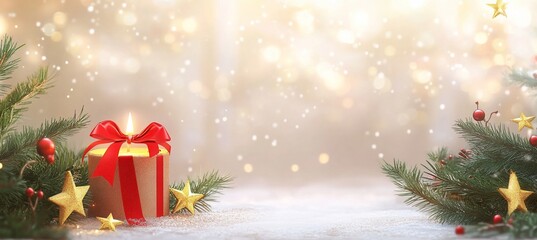 Poster - Festive candle gift with Christmas tree branches and stars on snowy surface.