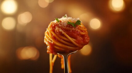 Poster - Close-up of delicious spaghetti with tomato sauce and parmesan cheese on a fork against a bokeh background.
