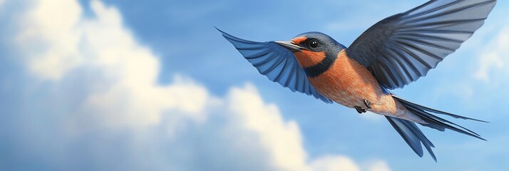 Aufkleber - A bird in flight against a bright blue sky with fluffy white clouds.