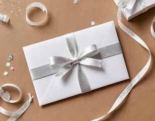 Wall Mural - Elegant white gift box with silver ribbon, surrounded by festive decorations and ribbons.