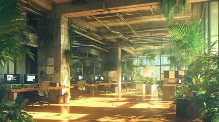 Leinwandbilder - Sunlit, tropical plants fill a modern, industrial office space.