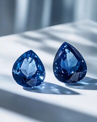 Poster - Two pear-shaped, deep blue gemstones on a white surface, illuminated by soft light.