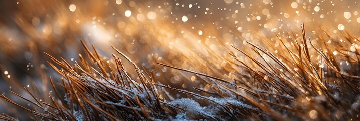 Poster - Close-up of frost-covered grass blades with bokeh background.