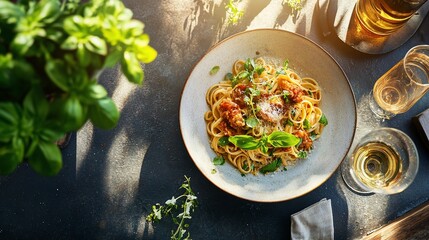 Poster - Delicious pasta dish with meatballs, basil, and parmesan cheese served on a rustic table with wine glasses.