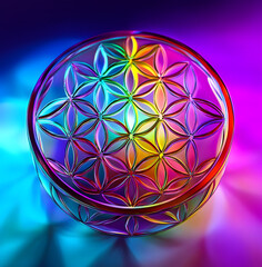 Leinwandbilder - Flower of Life 3D Geometric Imagery With Rainbow Abstract Colored Background