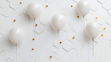 Poster - Five white balloons and gold confetti on a hexagonal white background.