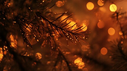 Aufkleber - Close-up of pine branch with water droplets, bokeh lights in warm tones.