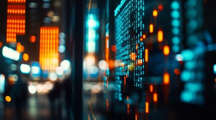 Aufkleber - Night city bokeh with blurred stock market data display.