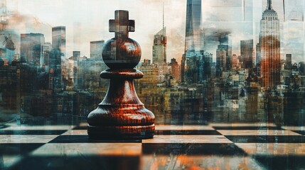 Poster - A dark brown king chess piece on a chessboard with a blurred city skyline in the background.