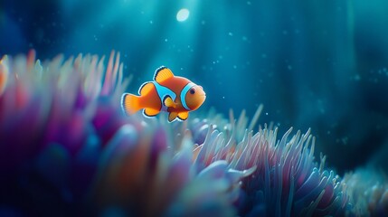 Aufkleber - An orange clownfish swims amidst vibrant coral reefs in a serene underwater scene.