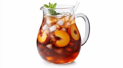 Poster - Refreshing iced peach tea in a glass pitcher with ice and mint garnish.