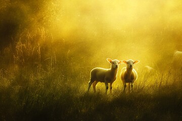 Poster - Two lambs stand in a sunlit field of tall grass.