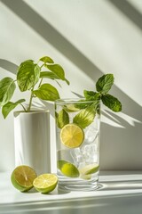 Wall Mural - Refreshing summer drink with lime and lemon on a sunny kitchen counter