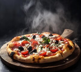 Poster - Steaming hot pizza with cheese, olives, and tomatoes on a wooden board.