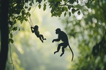 Aufkleber - Silhouette of monkey mother playfully swinging her baby on a vine in a lush green forest.