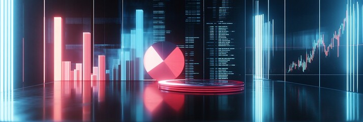 Fototapete - Abstract 3D rendering of financial data, charts and graphs in neon light.
