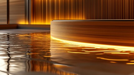 Aufkleber - Illuminated wooden structure beside water.