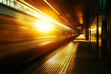 Leinwandbilder - Fast train departing station at sunset, motion blur, urban transit.