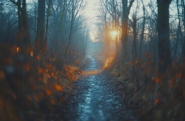 Aufkleber - Sunlit path through misty winter forest.