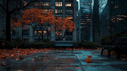 Poster - Empty park bench in autumn, city backdrop.