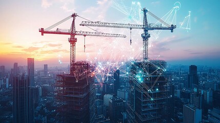 Poster - Two construction cranes against city skyline at sunset, overlaid with network connections.