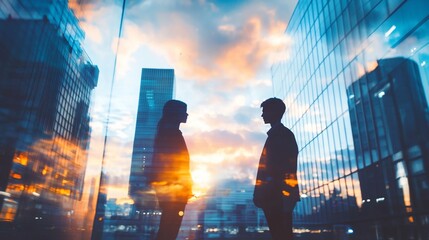 Poster - Silhouetted businesspeople converse against a city sunset backdrop.
