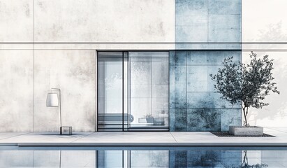 Poster - Modern minimalist house exterior with pool, glass doors, and concrete walls.
