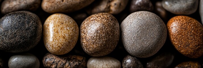 Poster - Close-up of smooth, colorful stones; various shades of brown, gray, and black pebbles.