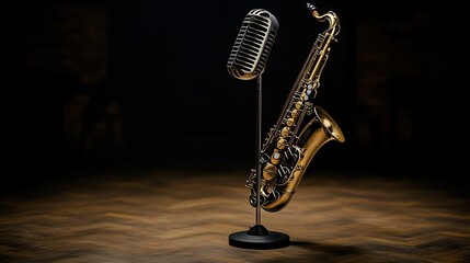 Aufkleber - Gold saxophone and vintage microphone on a dark wooden floor.