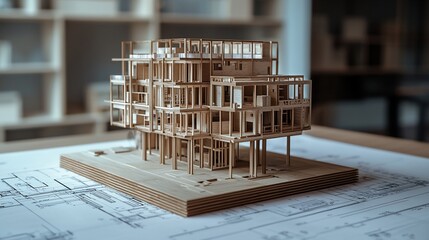 Aufkleber - Detailed architectural model of a modern building on blueprints.