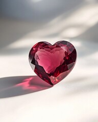 Poster - Heart-shaped gemstone on white background, illuminated by soft light, casting a shadow.