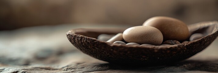 Poster - Smooth stones in a wooden bowl.