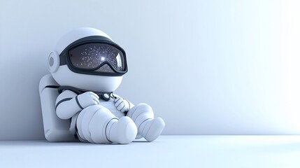 Poster - A small, cute robot astronaut sits against a white wall, gazing at a starry visor.