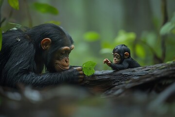Aufkleber - A mother chimpanzee gently shows a leaf to her baby in a lush rainforest setting.