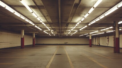 Poster - Empty, dimly lit underground parking garage with fluorescent lights, concrete floor, and red pillars.
