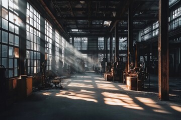 Aufkleber - Sunbeams illuminate a dusty, abandoned factory interior with machinery and large windows.