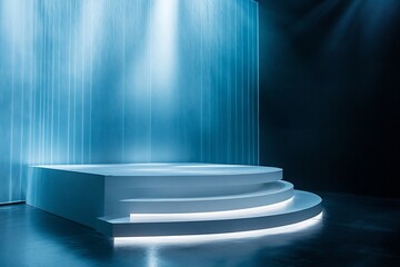 Poster - Illuminated circular podium with three steps on a dark background.