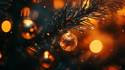 Poster - Close-up of a glistening Christmas ornament hanging on a pine branch, adorned with water droplets, against a backdrop of warm, blurred lights.